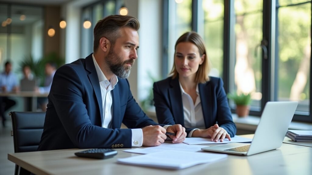 Banker with client at table