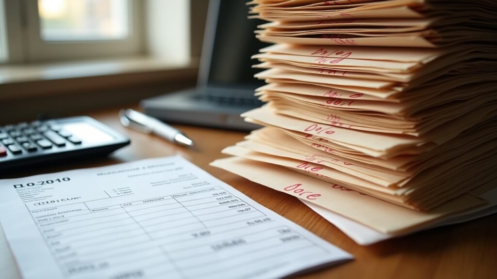 Pay stub and bill stack